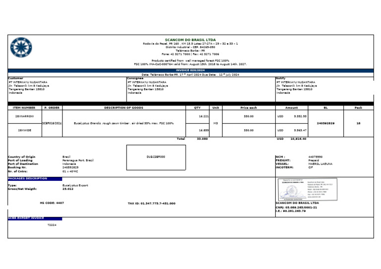 Scancom Brasil Export Invoice 2024 | PDF | Supply Chain Management ...