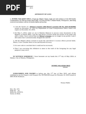 Affidavit of Loss- Driver's License