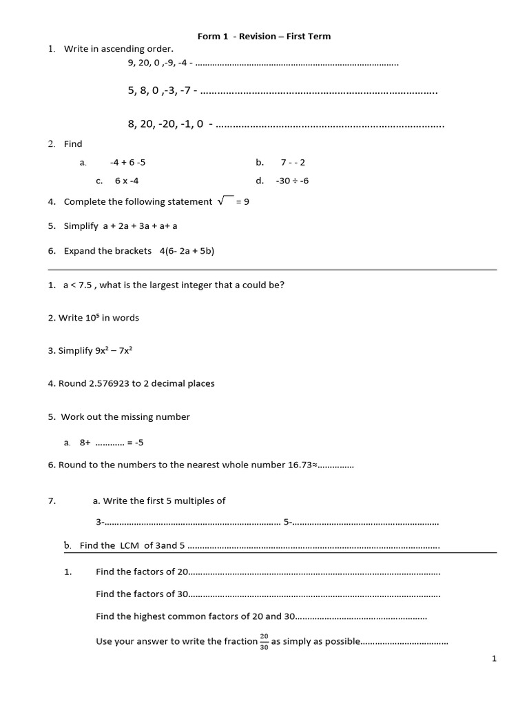 Form 1 Revision First Term | PDF | Teaching Methods & Materials | Home ...