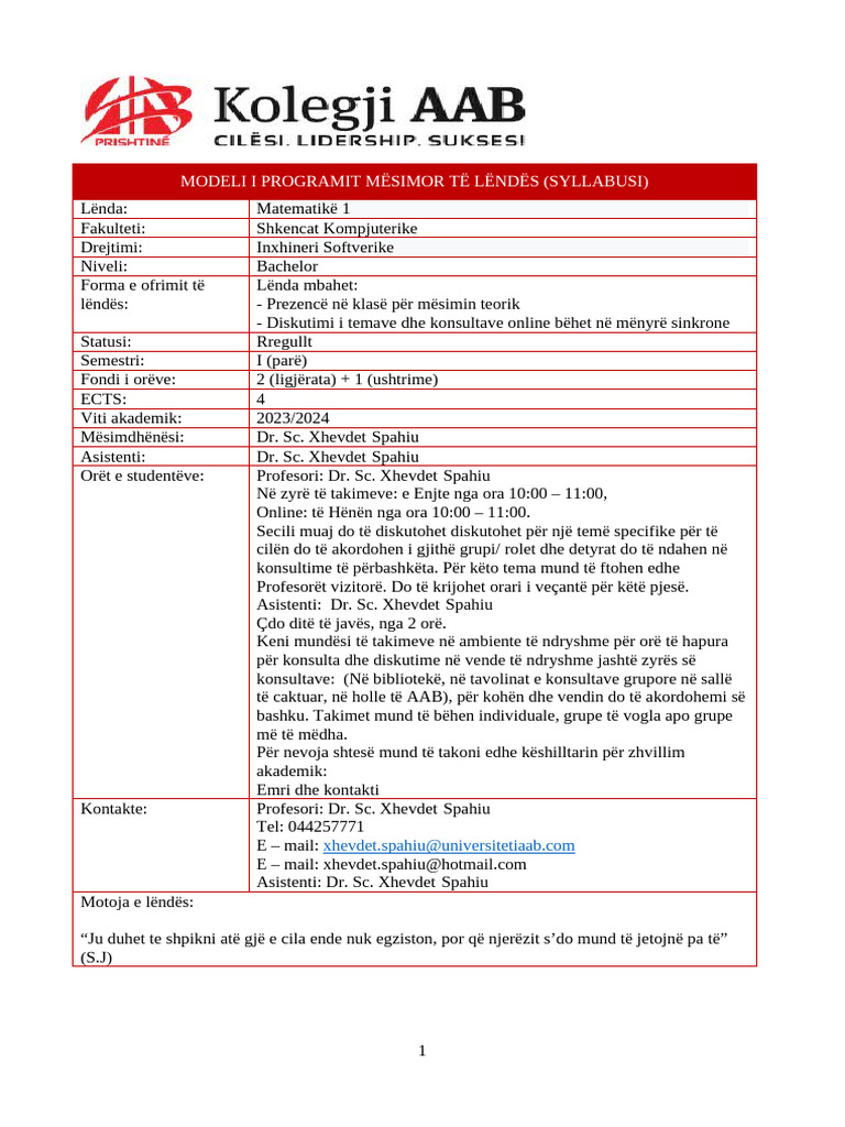 Modeli I Programit Mësimor Të Lëndës (Syllabusi) | PDF