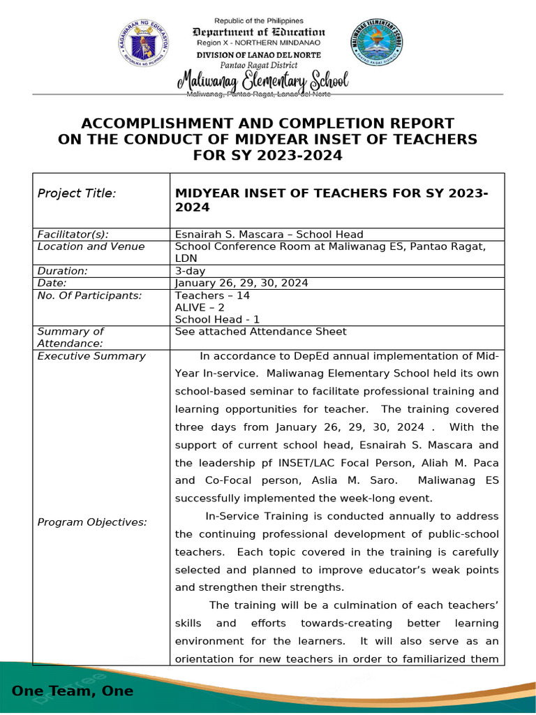 Midyear INSET Report for Teachers 2024 | PDF | Teachers | Literacy
