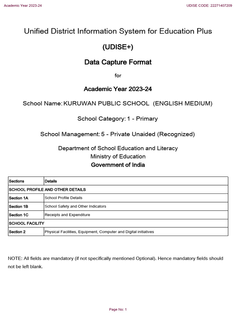 Sample UDISE Form (Academic Year 2023-24) | PDF | Toilet | Educational ...