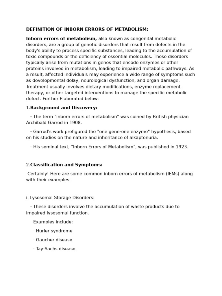 Inborn Errors of Metabolism Explained | PDF | Metabolism | Congenital ...