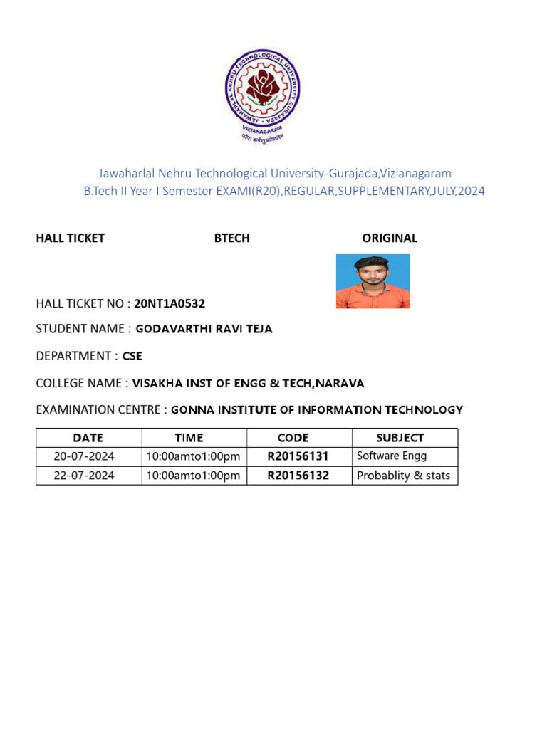 B.Tech Hall Ticket for July 2024 Exams | PDF