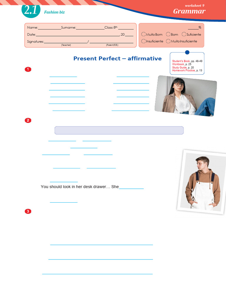Enga8 Grammar Worksheet2 1 Present Perfect Affirmative | PDF | Syntax ...