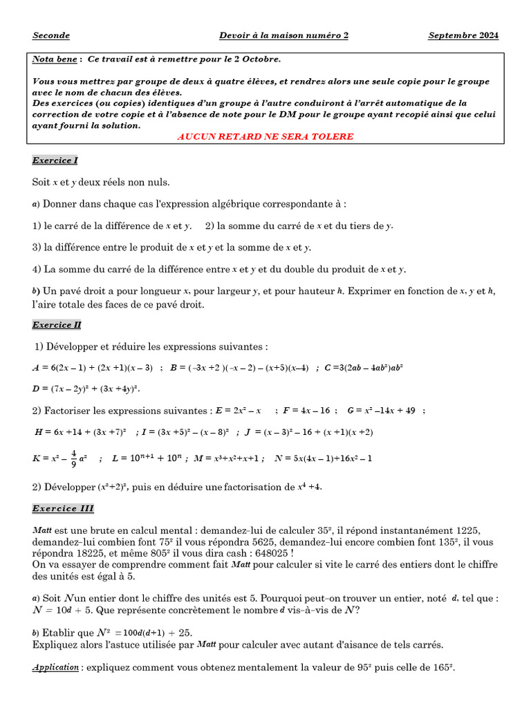Devoir de maths - Seconde 2024 | PDF