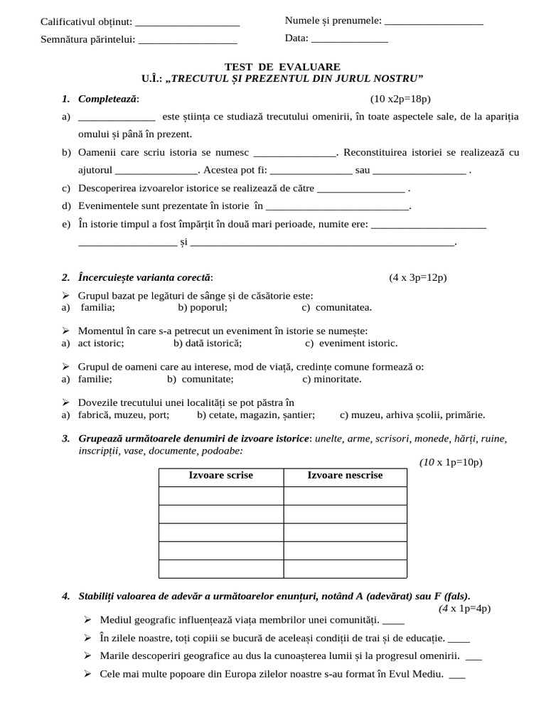 Istorie - Test de Evaluare - U1 | PDF