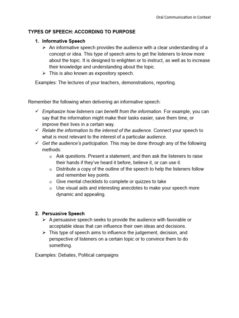 TYPES of SPEECH-According To Purpose and Delivery | PDF | Public ...