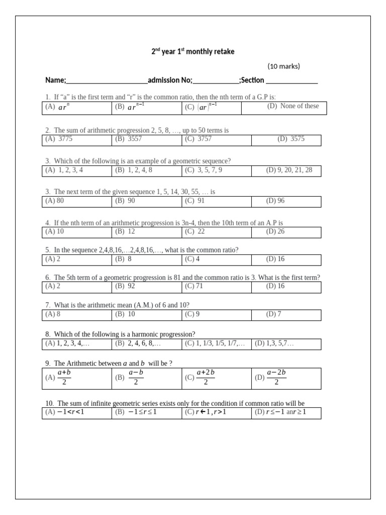 Monthly Retake Exam: Sequences & Series | PDF | Numbers | Elementary ...