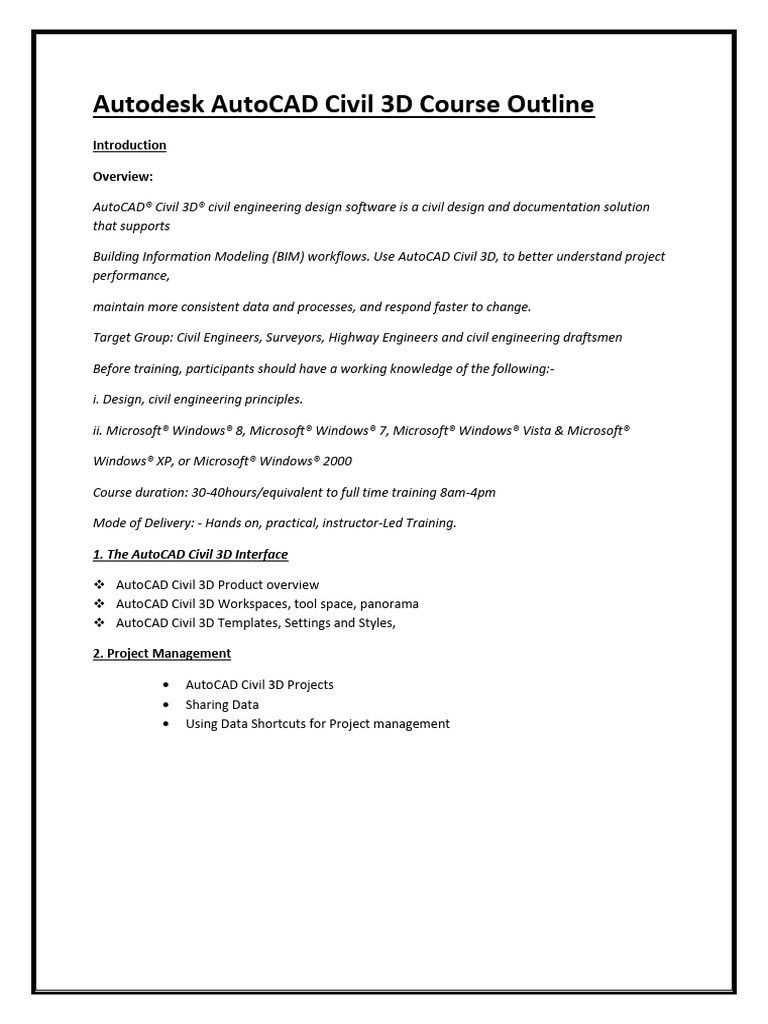 Autodesk AutoCAD Civil 3D Course Outline | PDF | Auto Cad | Microsoft ...