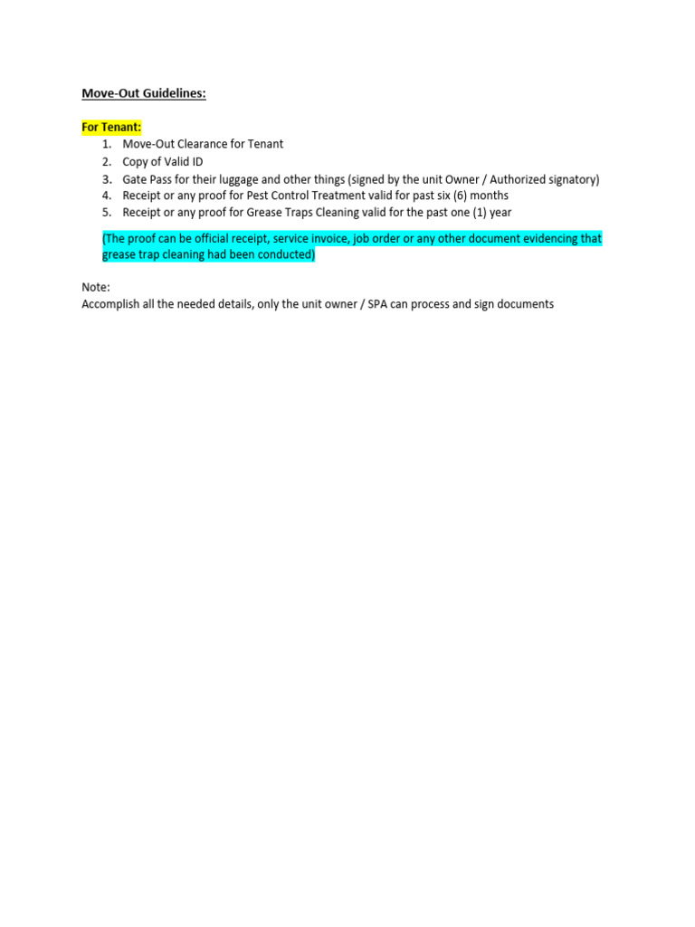 Move Out Guidelines | PDF