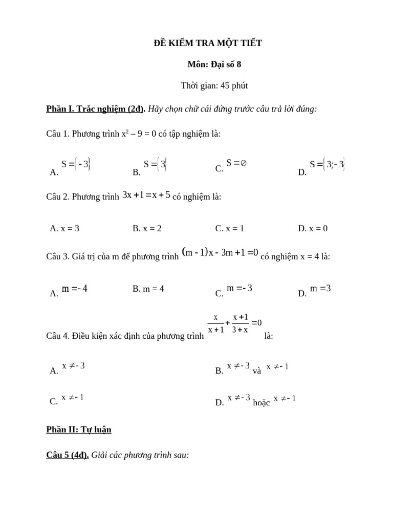 Đề kiểm tra Toán 8 TN + TL | PDF