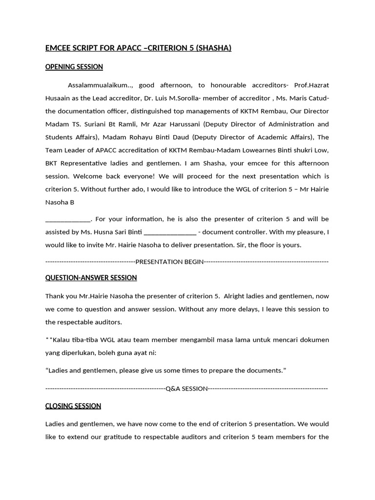 Emcee Script for APACC Criterion 5 | PDF