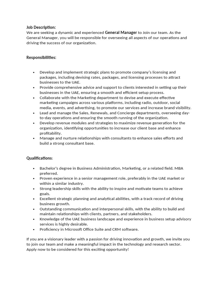General Manager Job Opening in UAE | PDF | Business