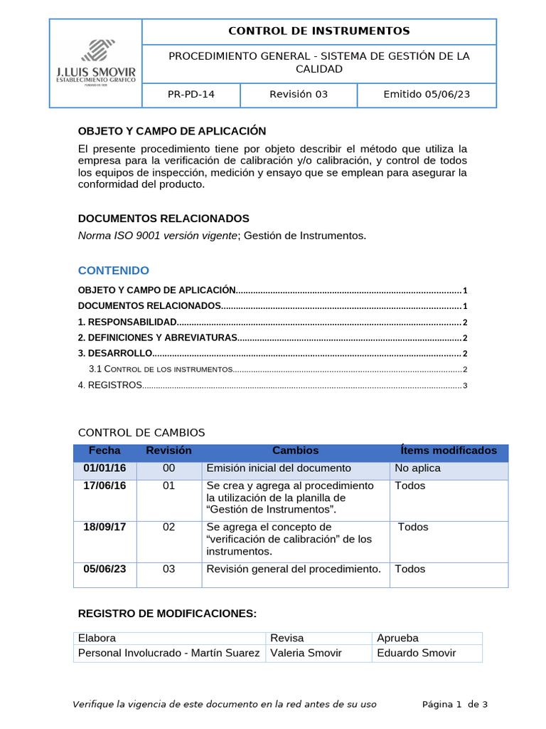 PR-PD-14 Control de Instrumentos Rev. 03 - 05.06.23 | PDF | Calibración