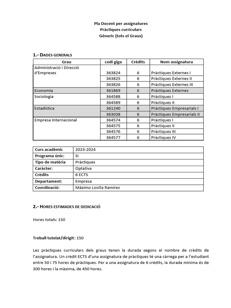 23 24 - Pla Docent Generic - Assignatures de Pràctiques Curriculars de ...