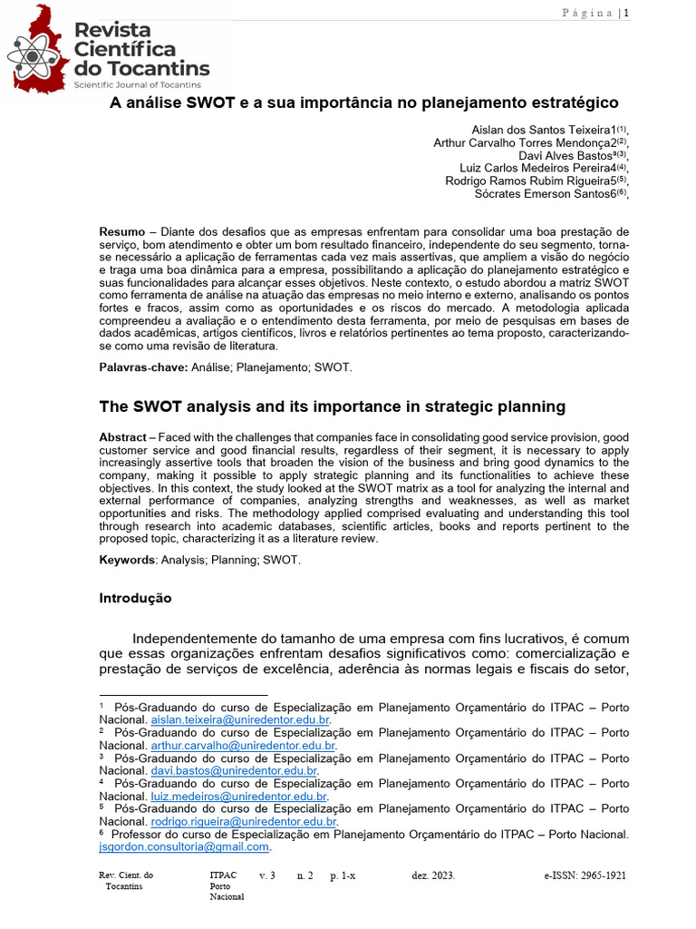 Importância da Análise SWOT no Planejamento | PDF | Análise SWOT ...