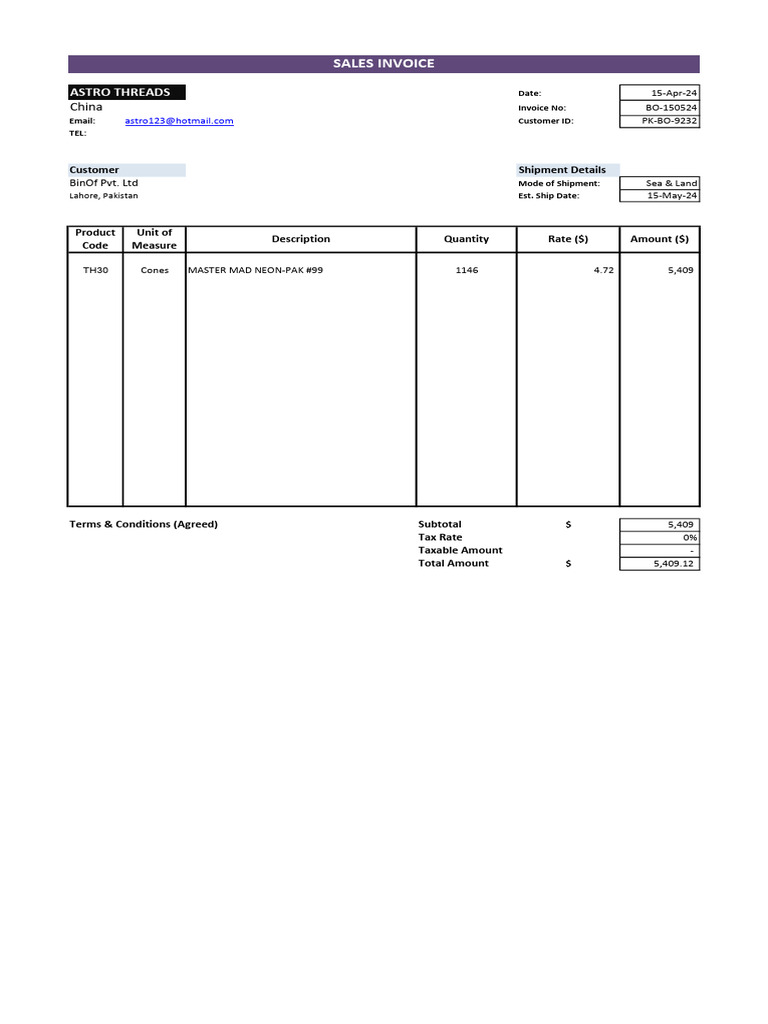 Invoice for Astro Threads Shipment | PDF