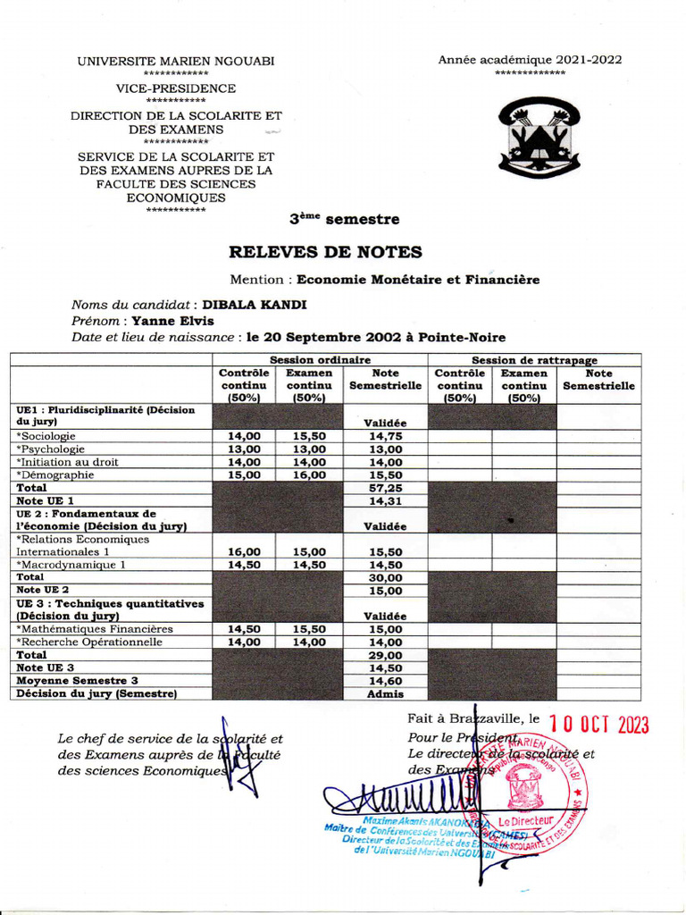 Releve Des Notes L2 | PDF