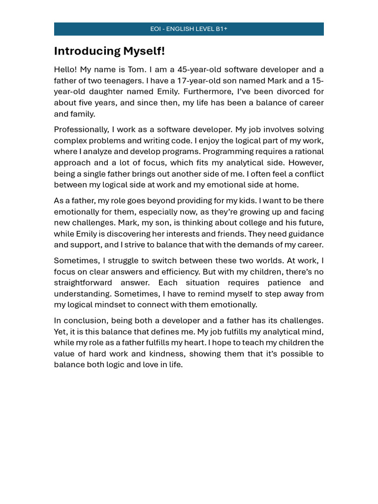 Eoi English Level B1 Introducing Myself Pdf Wellness