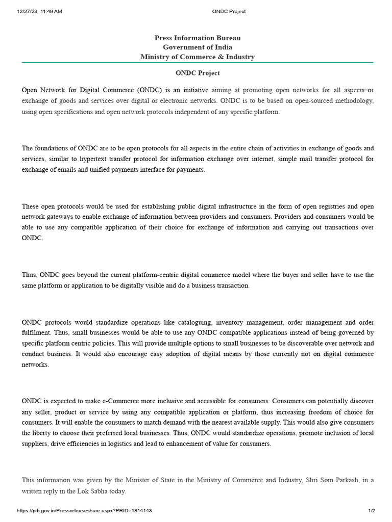 Ondc project pdf e commerce service industries
