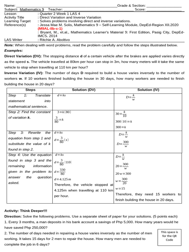 Direct and Inverse Variation Guide | PDF | Mathematics