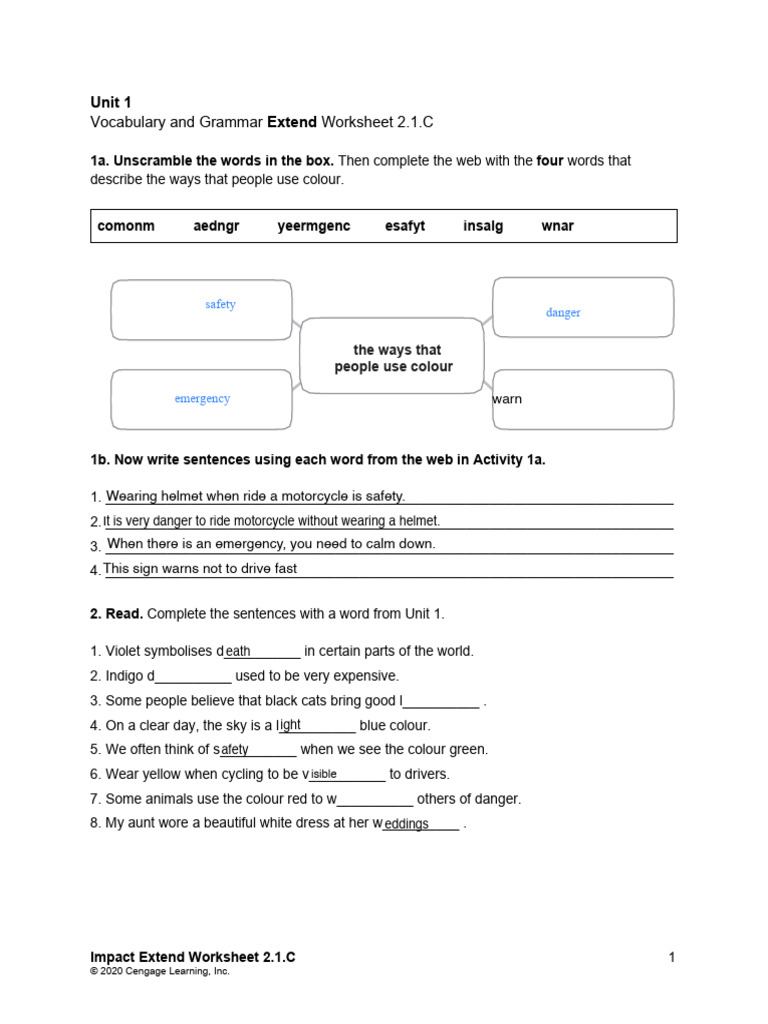 Impact 2 Unit 1 Vocabulary Worksheet | PDF | Color | Grammar