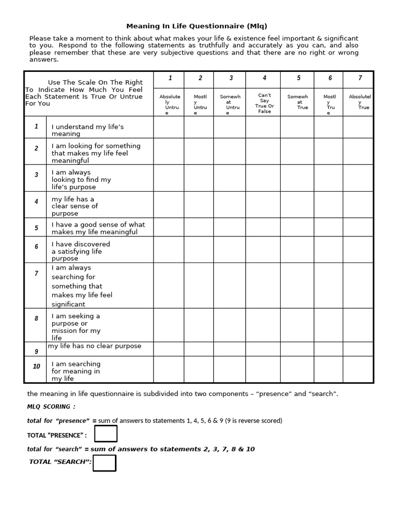 Meaning in Life Questionnaire (MLQ) | PDF