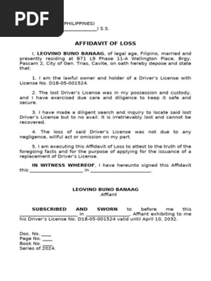 Affidavit of Loss Driver's License