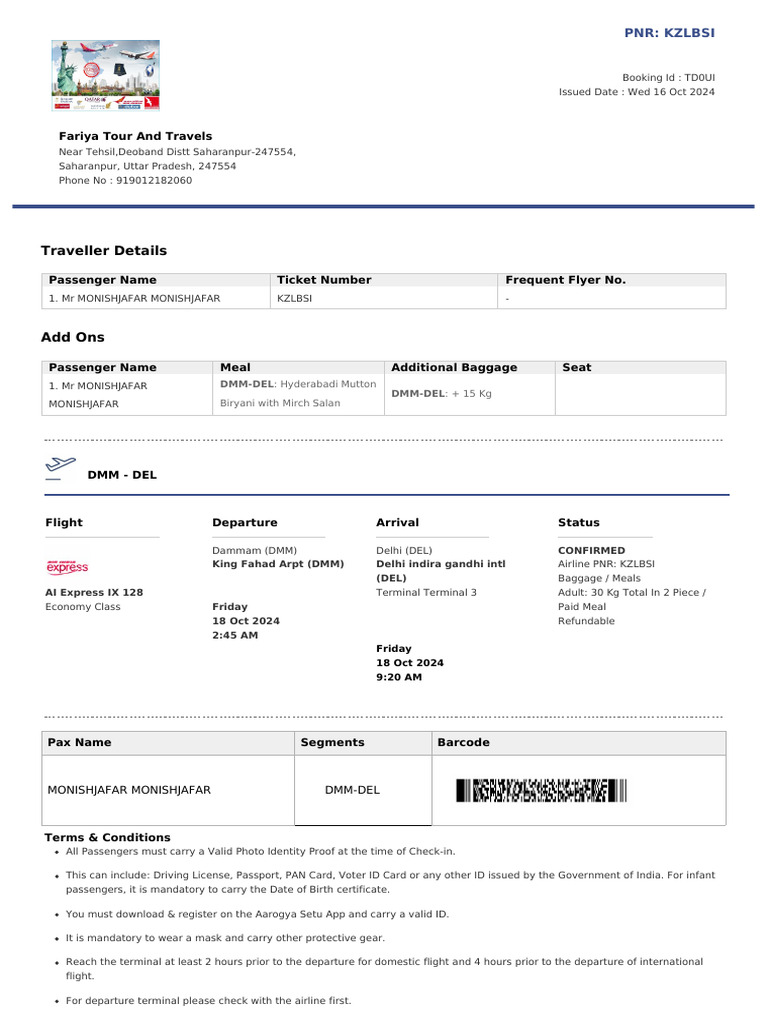 Flight Booking Confirmation for Monish Jafar | PDF | Aviation