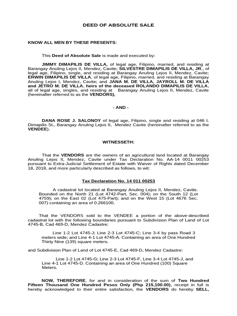 Deed of Absolute Sale | PDF | Real Property Law | Land Law