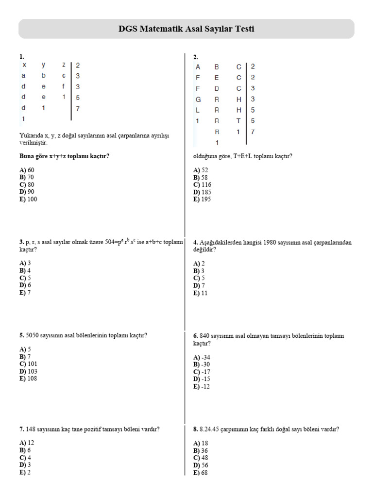 Dgs Matematik Asal Sayilar Testi | PDF
