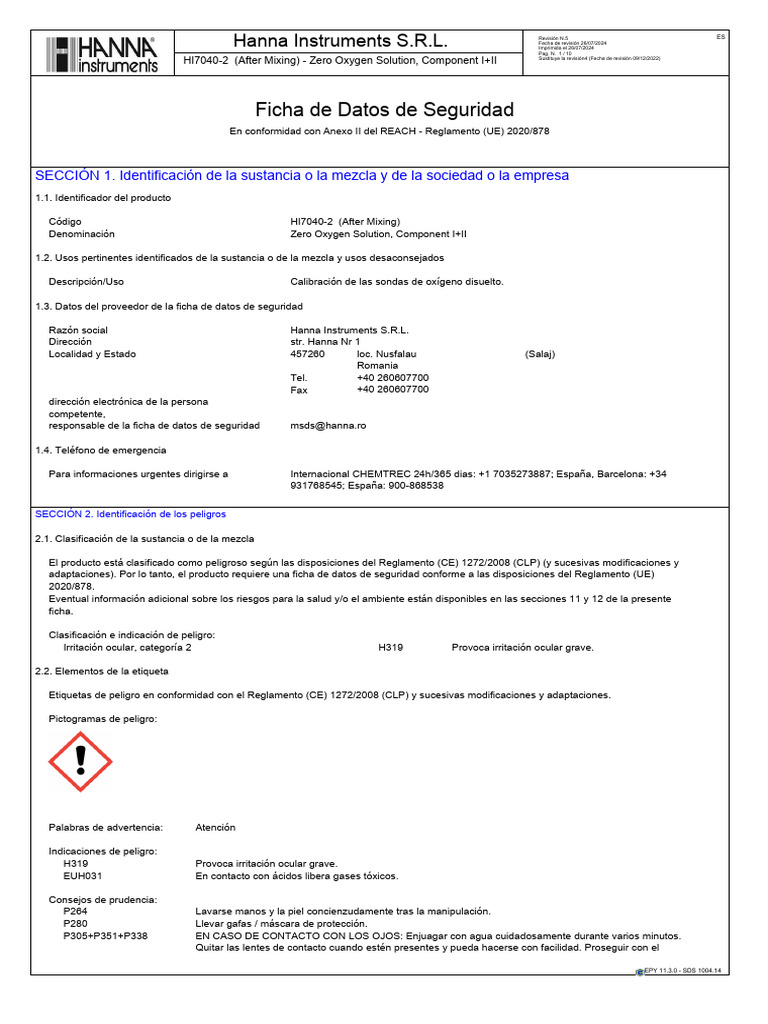 Ficha de Seguridad HI7040-2: Solución Cero Oxígeno | PDF | Toxicidad | Agua