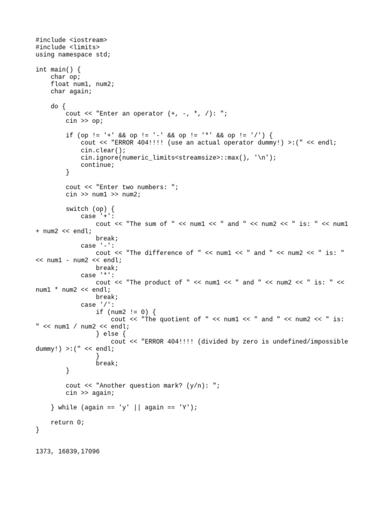 Simple C++ Calculator Program | PDF