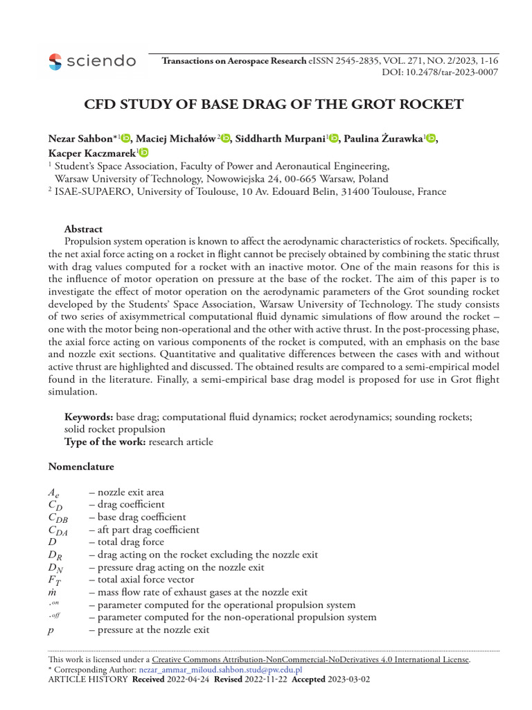Base Drag Analysis of Grot Rocket | PDF | Rocket | Drag (Physics)