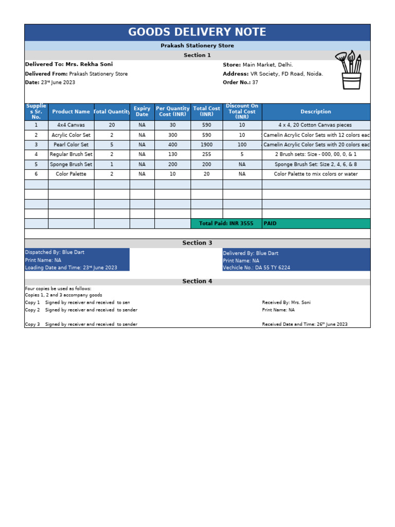 Goods Delivery Note for Prakash Store | PDF