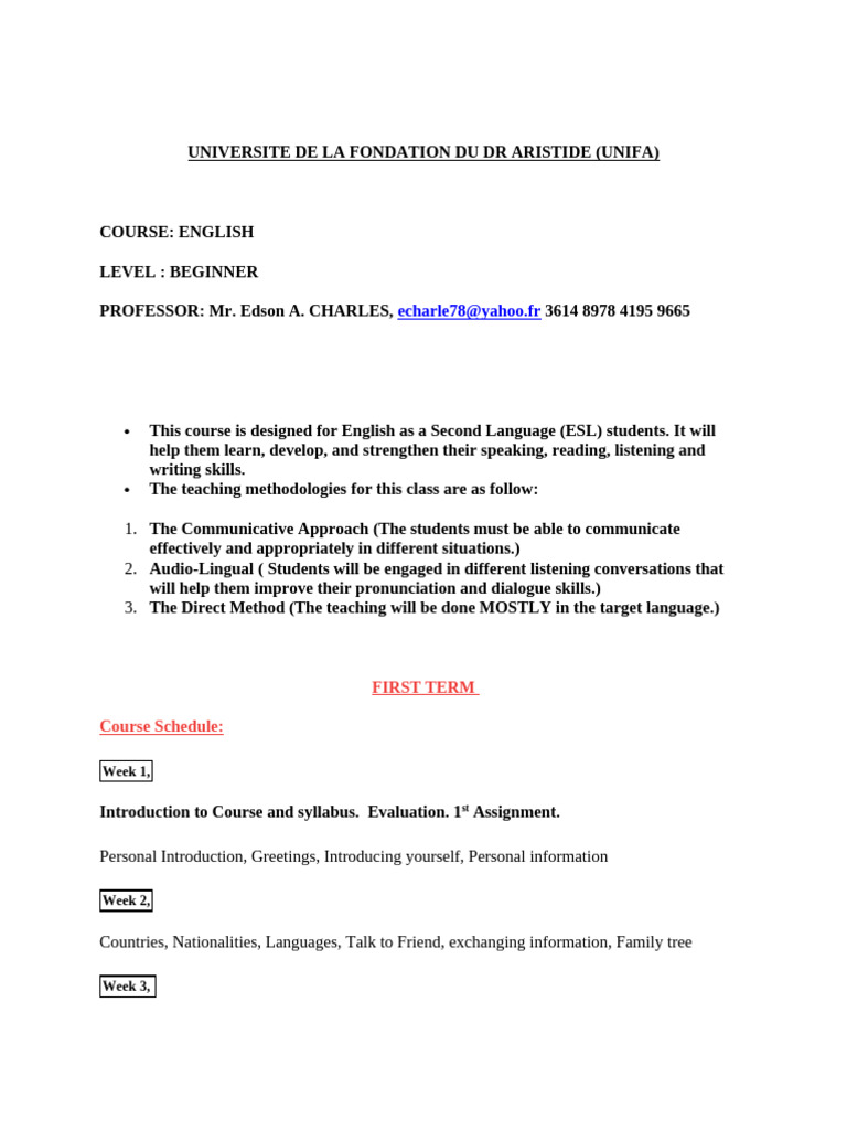 Beginner ESL Course Overview at UNIFA | PDF | English As A Second Or ...