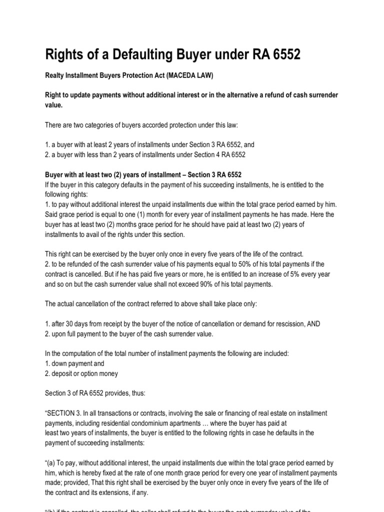 Rights of A Defaulting Buyer Under RA 6552 | PDF | Interest | Option ...
