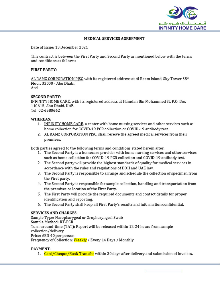 Medical Services Agreement: Infinity Care | PDF | United Arab Emirates
