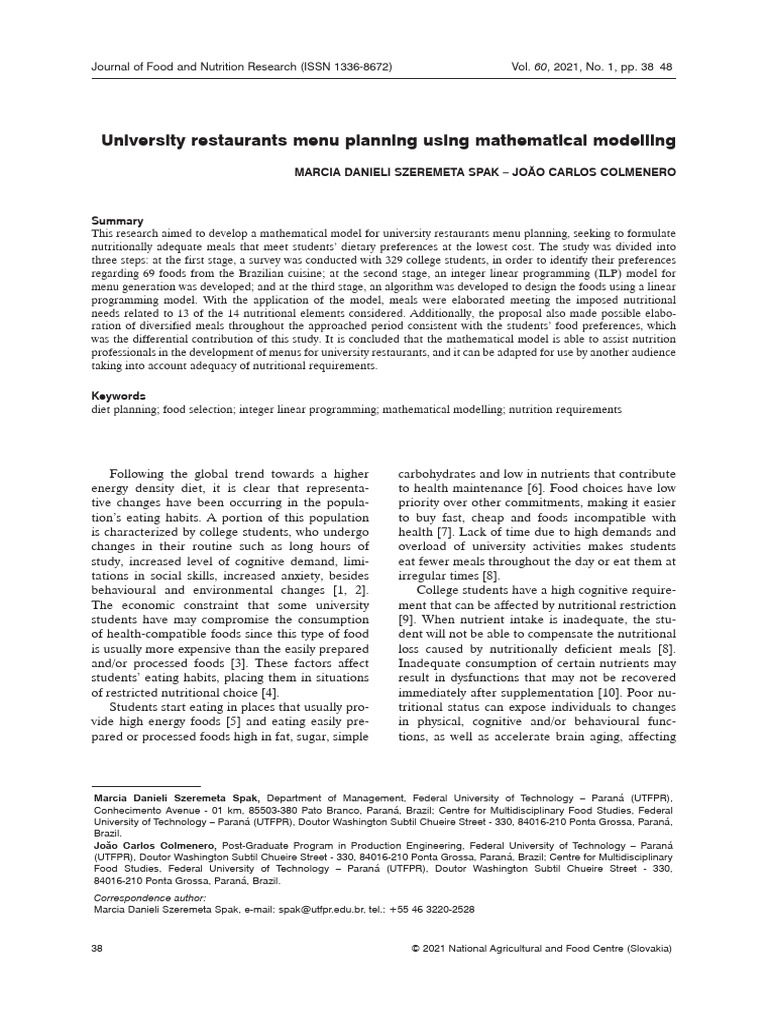Optimizing University Menus with Math | PDF | Salad | Nutrition