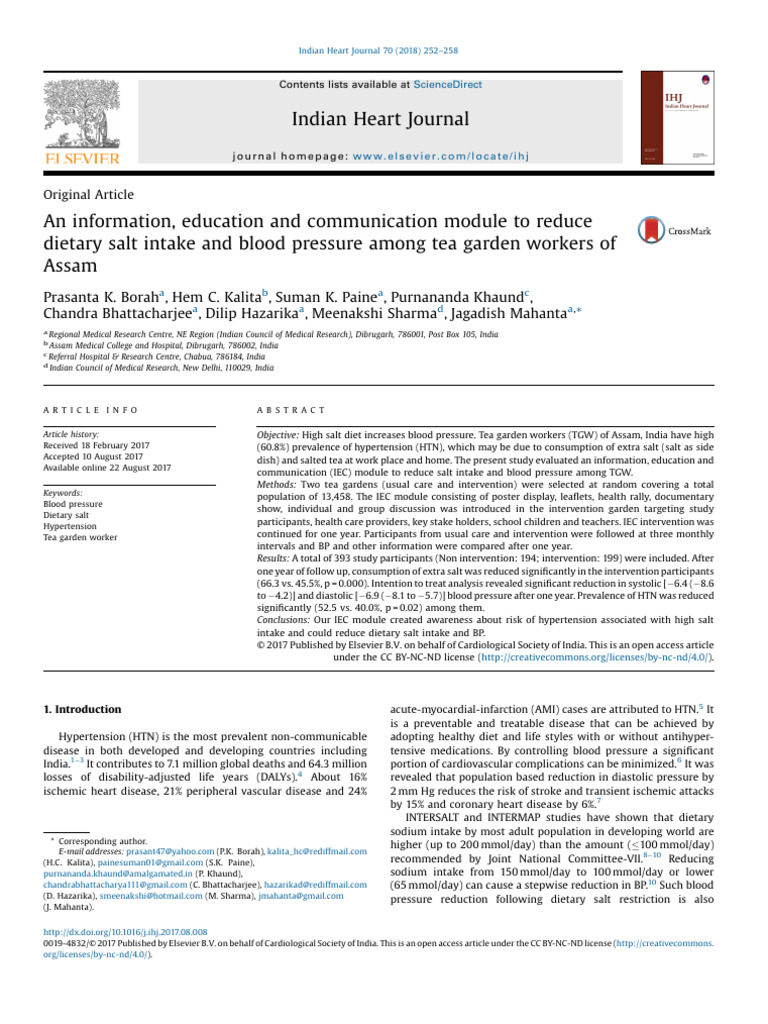 Reducing Salt Intake in Assam Tea Workers | PDF | Hypertension | Blood ...