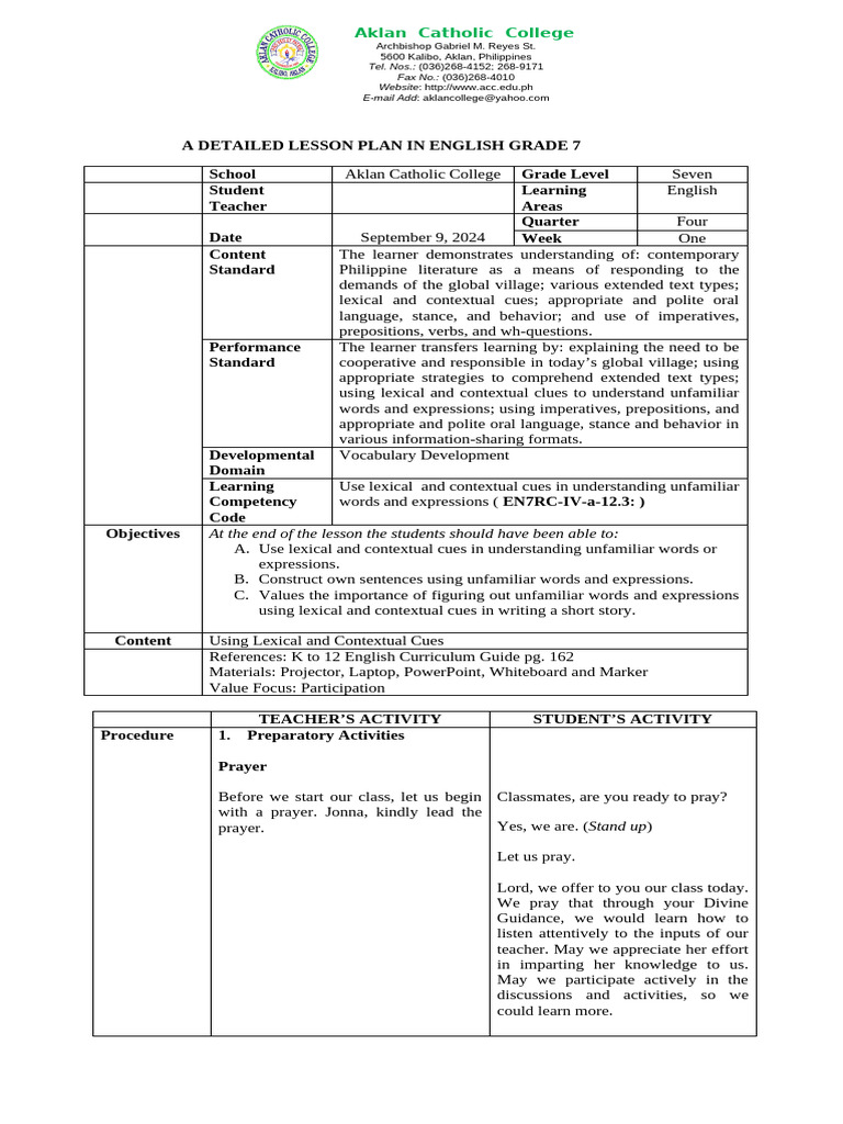 Grade 7 English Lesson Plan: Lexical Cues | PDF | Word | English Language