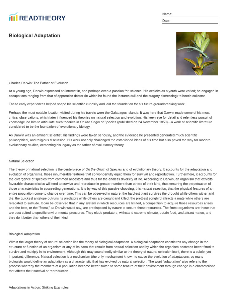 Biological Adaptation | PDF | Natural Selection | Flowers