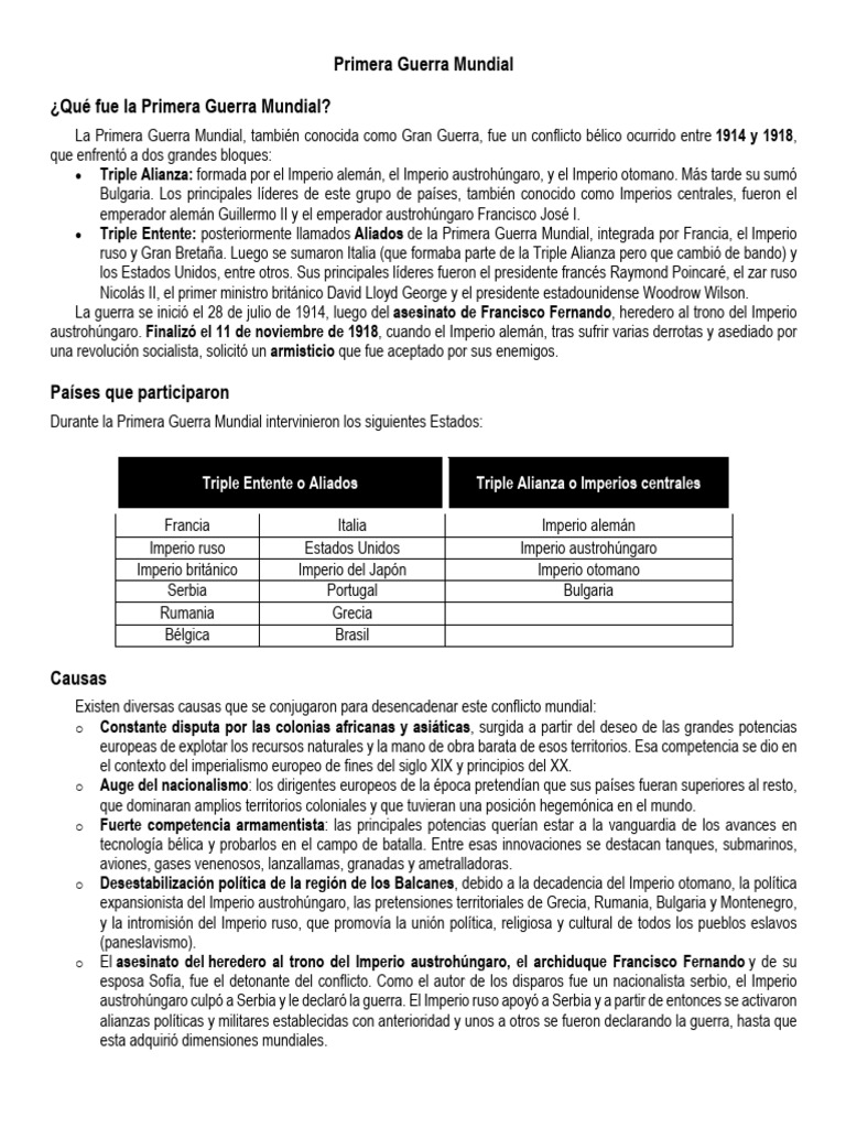 Causas y Consecuencias de la Primera Guerra Mundial | PDF | Primera ...