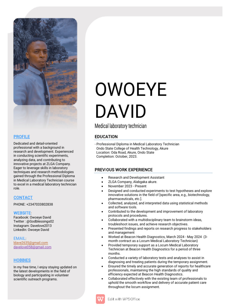 Owoeye David Ifedolapo CV | PDF | Medical Laboratory | Experiment