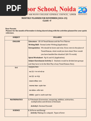 Class 5 November Monthly planner -  2024-25