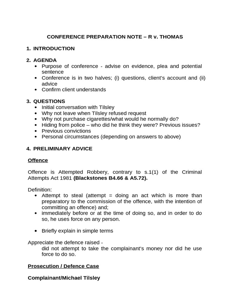 R v. Thomas: Conference Prep Notes | PDF | Plea | Arrest