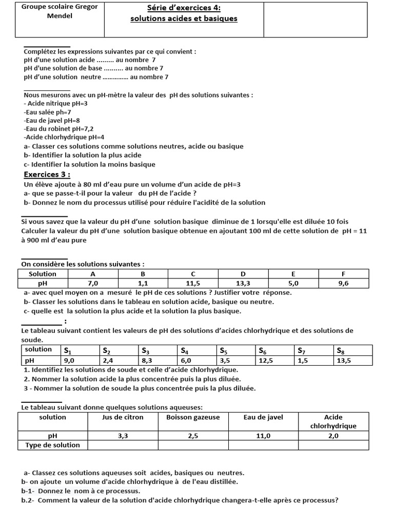 Exercices sur le pH et solutions acides | PDF | Ph | Acide