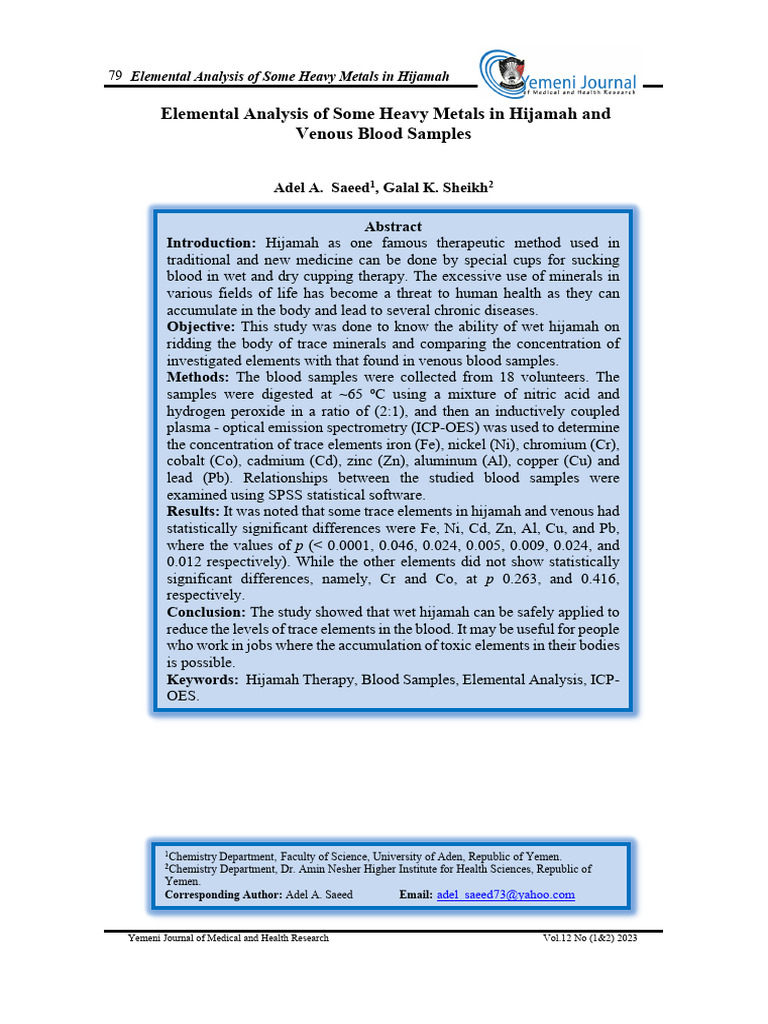 Elemental Analysis of Some Heavy Metals in Hijamah and Venous Blood ...