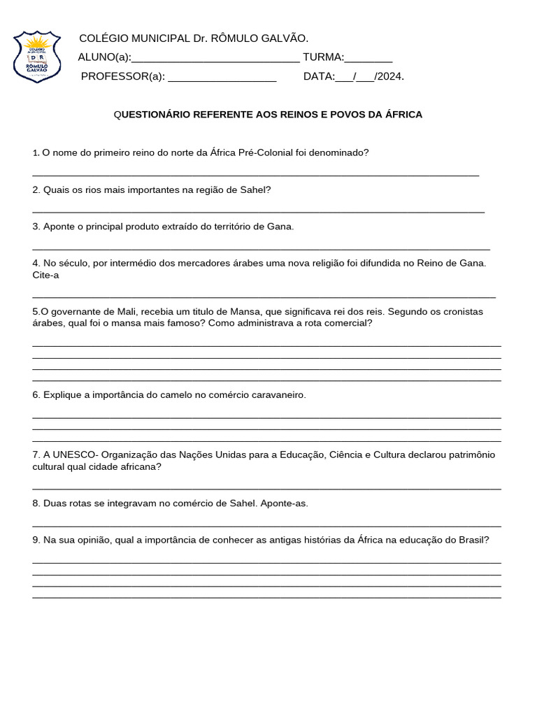 Reinos e Povos da África: Questionário 7º Ano | PDF | África | Gana